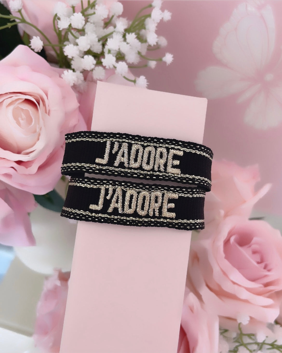 BRACELET BRODÉ J’ADORE NOIR OR